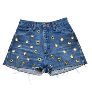 VTG Wranglers Medium Wash Jean Shorts women Sz 25 waist Mid Rise Frayed Hem